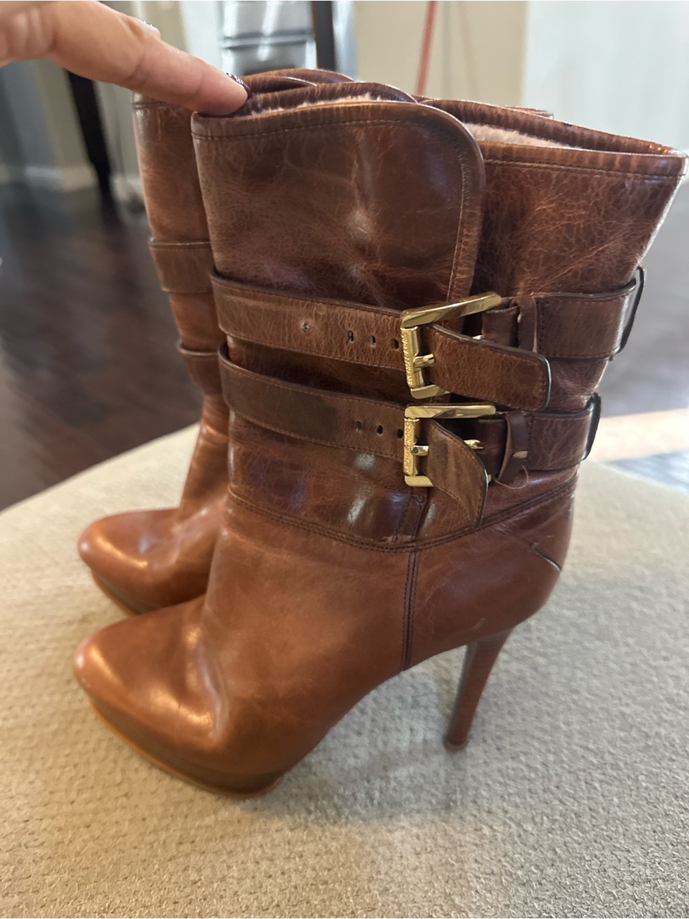 Michael Kors Brown Leather Heeled Ankle Boots with Buckle Straps